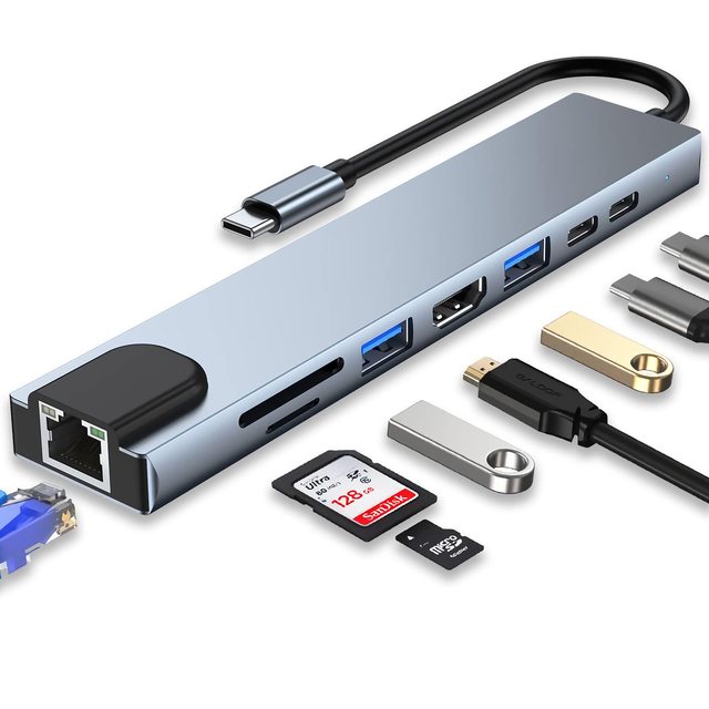 Manufacturer 8 in 1 Type C USB Hub with 1000Mbps RJ45 Ethernet USB C Dock Adapter USB 3.0 Hub for Desktop