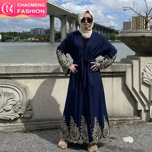 1495 # Fashion gold applique nero aperto abaya donne musulmane kimono islamico abito lungo dubai abaya