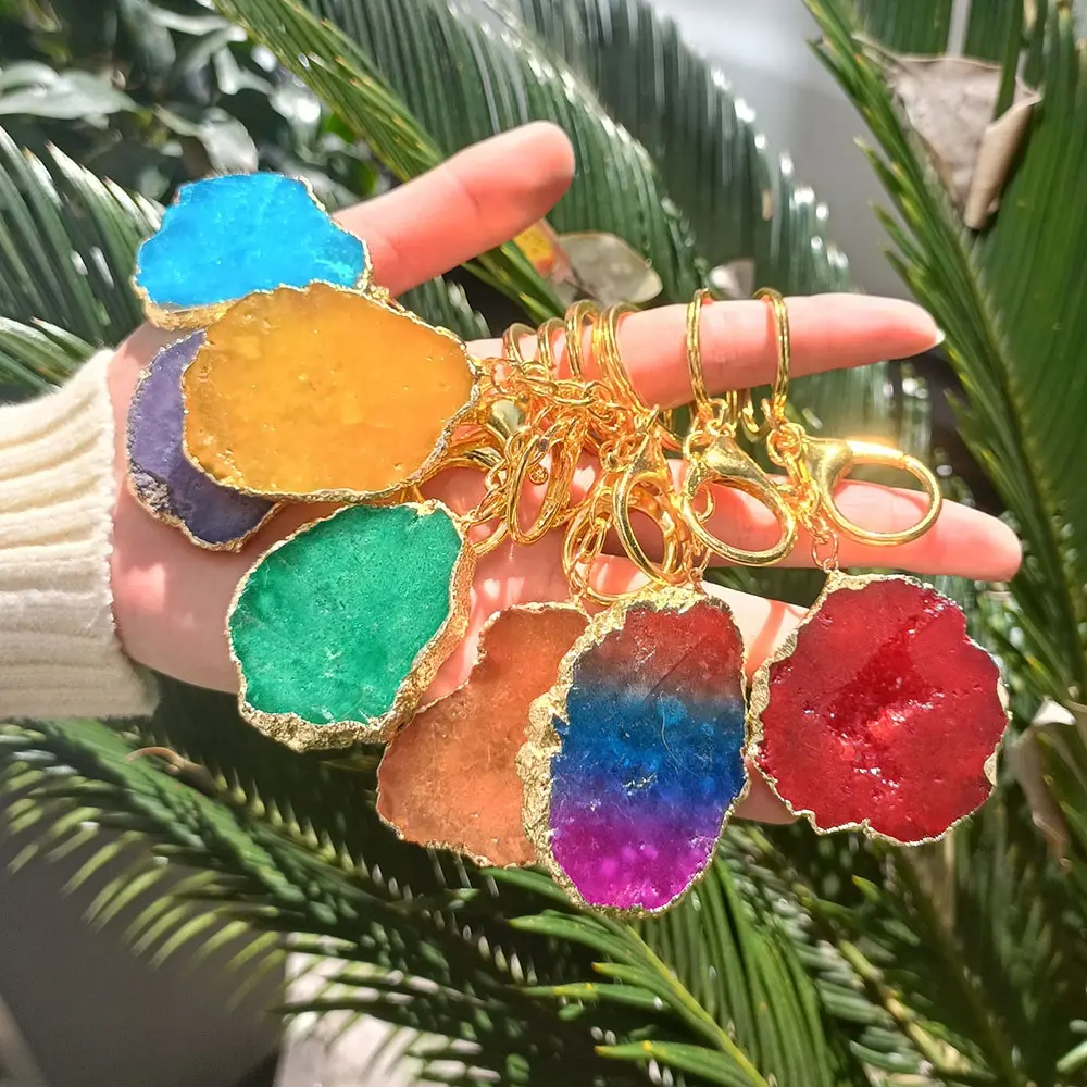 Irisan kristal alami Druzy emas tertutup liontin warna-warni gantungan kunci batu permata Geode berlapis emas hadiah cincin kunci