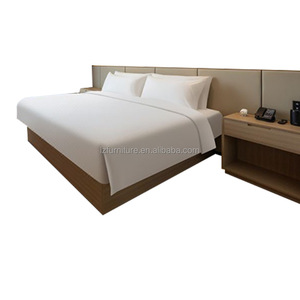 Wooden Frame Double Bed with Soft Padded <b>Headboard</b> & Matching Side Table Minimalist Design for Boutique or Resort 3 Star Hotels - Product Image 3