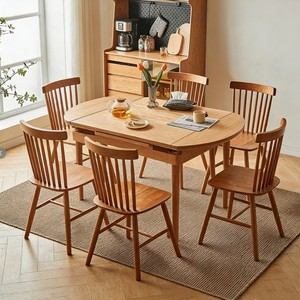 Juego de mesa de comedor extensible de madera maciza nórdica de 6 piezas, madera de cerezo, redonda y cuadrada, convertible para casas pequeñas, sala de estar - Product Image 1