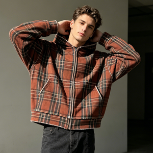 Custom Vintage Plaid Zip Up Hoodie RAMAX Logo Boxy Cropped Raw Edge Men Oversized Tartan Hooded <b>Jacket</b> Streetwear Custom Logo - Product Image 3