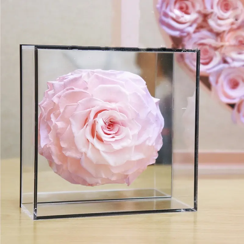Yunnan Top Seller eternal flower in mirror acrylic box preserved rose 9-10cm single rose for Valentine's gift
