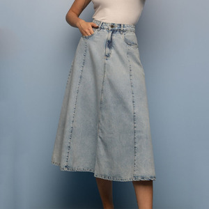 Custom Logo Breathable Summer Casual Button Fly Flared Long High Waist Pleated A-Line Midi <strong>Denim</strong> Skirts for Women - Product Image 3