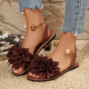 <span class=keywords><strong>Sandalias</strong></span> <span class=keywords><strong>Planas</strong></span> de Gasa con Flores 3D para <span class=keywords><strong>Mujer</strong></span>, Diseño OEM ODM, con Perlas, Bola Dorada, Correa Ajustable en el Tobillo, Antideslizantes, Punta Abierta, Estilo Boho, para Playa - Product Image 4