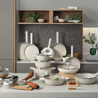 Ensemble de batterie de cuisine antiadhésive moderne avec logo personnalisé, casseroles, faitout, fond à induction, ensemble de poêles en métal et verre, pour usage domestique et commercial