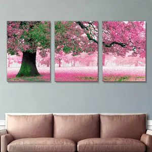 图片墙面艺术家居装饰框架3件粉色樱花树供客厅现代风景画