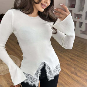 Pull en tricot pour femme avec empiècements en dentelle et manches évasées, manches longues, doux, épaisseur moyenne, pour le printemps et l'été - Product Image 4