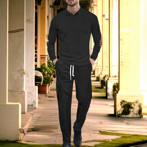 Conjunto de camisa polo de manga larga azul marino con ribetes y pantalones para hombre, ropa de trabajo informal de dos piezas con parches en los codos - Product Image 2