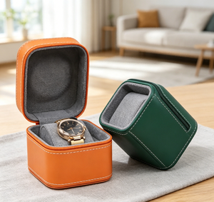 Boîte de rangement pour montre unique haut de gamme, faite à la main, en similicuir délicat, base rigide, orange, vert foncé, deux options de couleur, boîte magnétique - Product Image 6