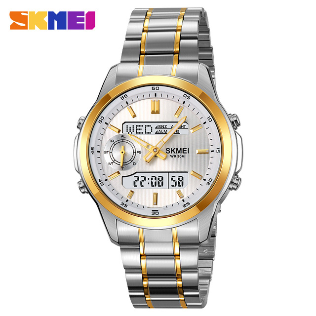 Skmei 2284 Mens Watches Multi-function World Time Alarm Date Week Countdown Stopwatch 3ATM Waterproof Digital Quartz Steel Watch