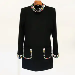 Bettergirl 2024 Spring New Fashion Heavy Industry Nail Beads Set Diamond Color Gem Diamond Long-sleeved Dress