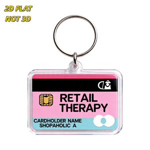 Porte-clés en acrylique style carte de crédit Retail Therapy, design rose et bleu avec puce, logo et texte 'Shopaholic', breloque transparente durable - Product Image 1