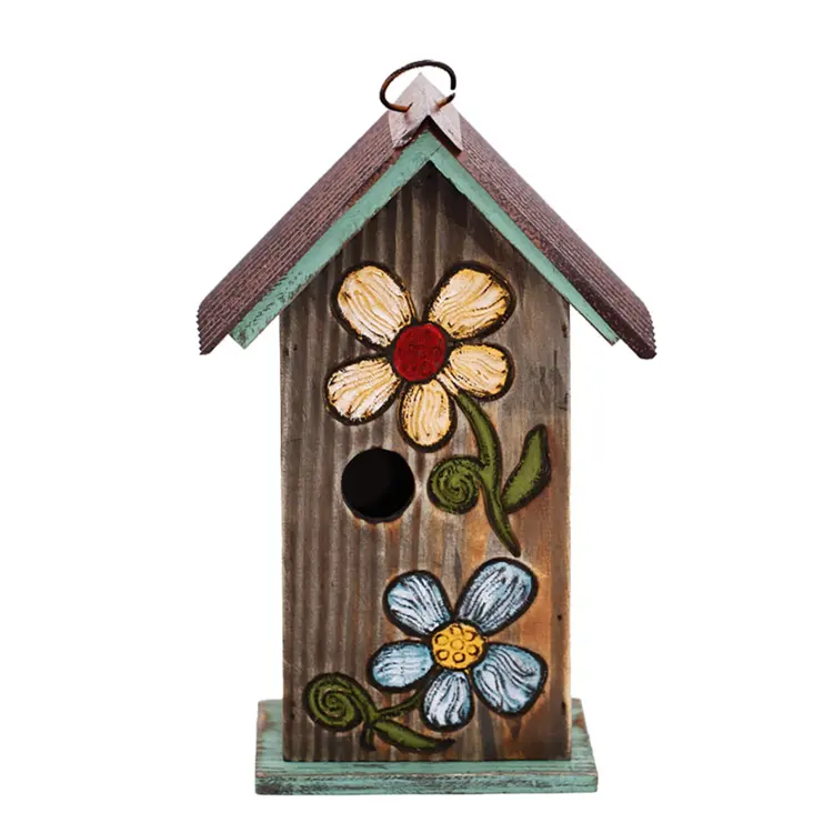 Pas cher patio décoratif résine chalet pour animaux de compagnie sculpté bouquet bois métal maison d'oiseau en bois