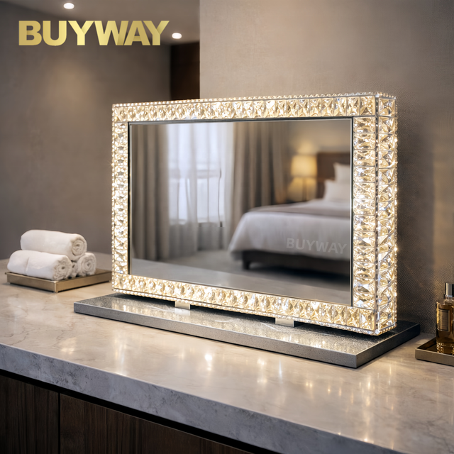 Luxury Crystal Diamond LED Vanity Mirror Tabletop Makeup Mirror for Bedroom Bathroom Touch Sensor 3 Tone Dimming Factory Custom