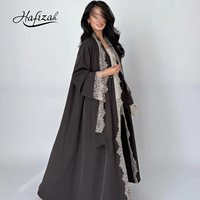Abaya ouverte Hafizah avec bordure en dentelle foncée, robe longue modeste pour femme, style islamique Dubaï, Kaftan, Robe, Kimono, Cardigan, Vêtement d'extérieur pour usage décontracté