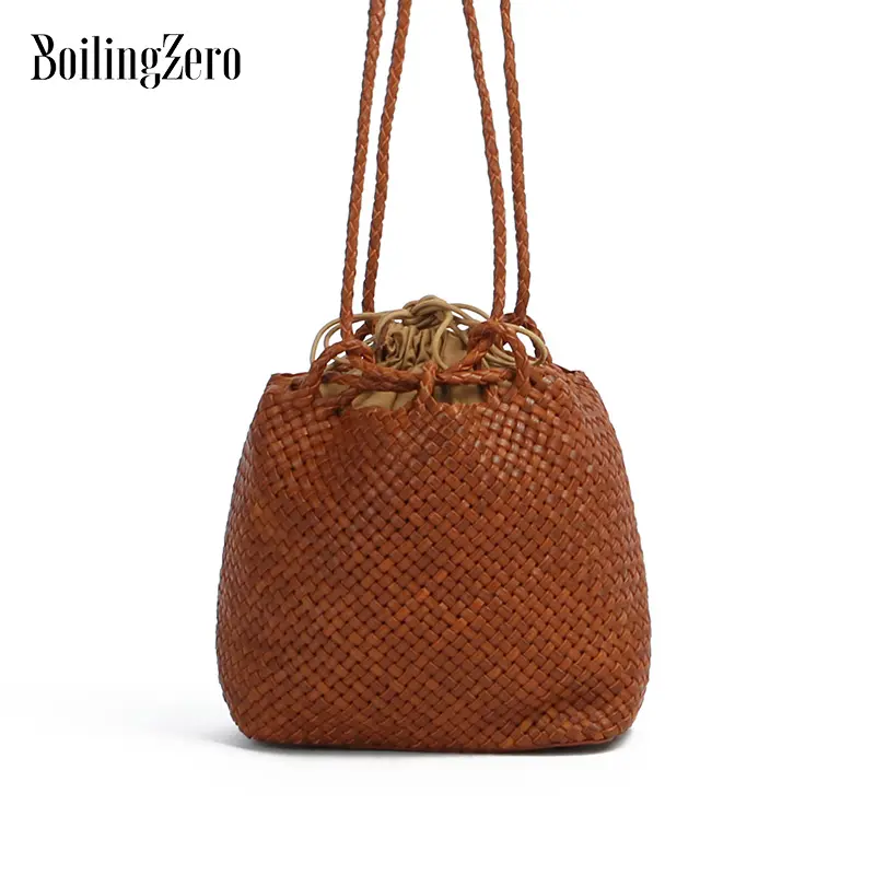 Woven leather Bucket bag Crossbody Shoulder Bag Calf Hides Ladies Bag Vintage 2023 for women