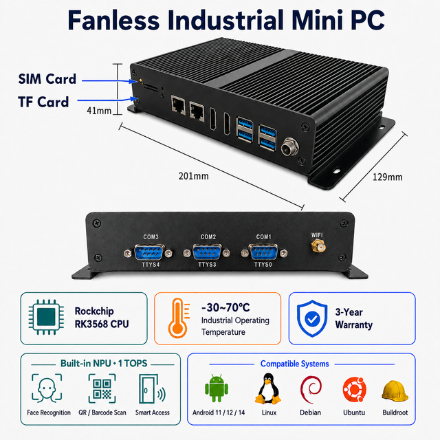 Rockchip RK3568 Fanless Industrial Mini PC  2.0 SATA 3.0 WIFI6 4K -30°C to 70°C Operating Temperature Fanless Mini PC 5W TDP