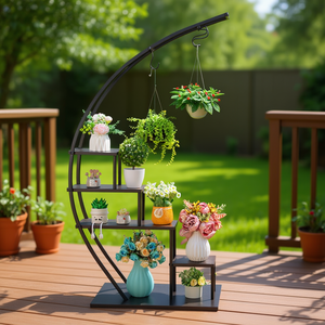 Support à plantes en fer et bois DB Artisasset à 5 niveaux en demi-cercle, pour intérieur, extérieur, jardin, balcon, terrasse, support décoratif pour pot de fleurs - Product Image 2