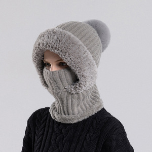 Bonnet d'hiver en tricot chaud et coupe-vent pour femmes, <span class=keywords><strong>cagoule</strong></span> de cyclisme 3 en 1, bonnet en peluche épais à pompons. - Product Image 4