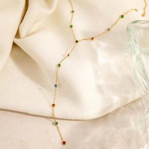 Stainless Steel Necklace With Colorful Rhinestones Y Shape Tassel <b>Extended</b> Length Minimalist Clavicle <b>Chain</b> Daily Wear - Product Image 3