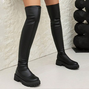 Botas altas hasta el muslo elásticas y ajustadas para mujer, con plataforma antideslizante y tacón grueso, para fiestas y uso diario. - Product Image 2