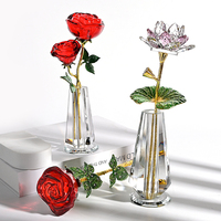 Rose en cristal poli artisanal bleue avec feuilles vertes pour mariage, anniversaire et Noël