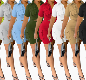 Viviblook ชุดสตรีทแวร์เสื้อ Z419ST06แขนสั้นกางเกงขาสั้นสีทึบชุดสองชิ้นไซส์พิเศษ - Product Image 1