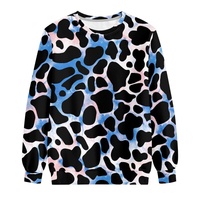 Sweat-shirt à col rond pour femme, tricoté, rose et bleu, imprimé vache, manches longues, décontracté, streetwear, printemps, hiver, automne