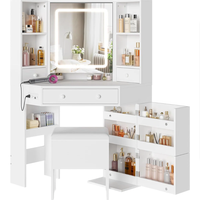 Coiffeuse d'angle avec miroir LED, étagères rotatives, station de charge et tabouret de rangement intégré