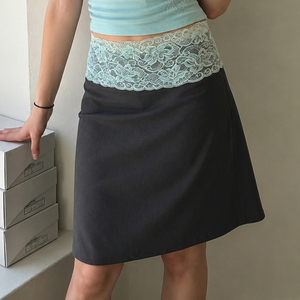 Women's Lace Waist Mini Skirt Y2K A-Line <b>High</b> Waist Casual Solid Color Coquette Fairycore Summer Skirt - Product Image 1