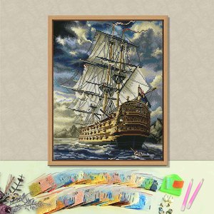Kit de Arte de Pintura de Diamantes DIY, Paisaje Marino con Barco, 43x54cm, con Marco, Cristales de Imitación, Impresión Rectangular - Product Image 1