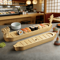 Ensemble de bateaux à sushi en bois personnalisés avec logo, plateau de service créatif sculpté en forme de dragon pour les amateurs de sushi, les traiteurs et les articles cadeaux