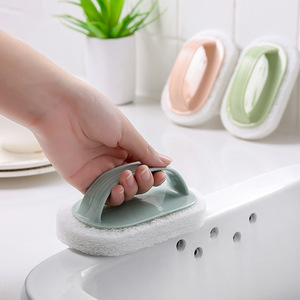 Solid Color Striped <b>Handle</b> Cleaning Brush <b>Sponge</b> Rectangle Kitchen Scrubber Stain Removal Pad - Product Image 1