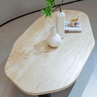 Table basse en travertin irrégulier, plateau en pierre naturelle, base cylindrique en bois massif, style Wabi Sabi, table de salon, table à thé
