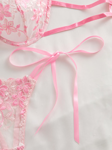 Wholesale Pink Floral Embroidery Lace Lingerie <b>Set</b> <b>Sexy</b> Sheer Mesh Underwire Bra and Tie Side Thong Panties <b>Set</b> <b>Sexy</b> Bra <b>Set</b> - Product Image 6