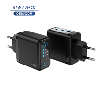 Chargeur GaN certifié 67W, prise EU, 2 ports USB A et USB-C, adaptateur mural rapide avec affichage LED de la puissance pour téléphone, tablette, ordinateur portable