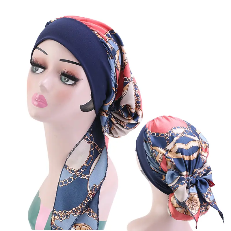 Nouveau motif soyeux pré-cravate couverture de cheveux bandeau Bandana Polyester cheveux accessoires Hijab Turban pour les femmes