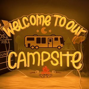 Enseigne néon LED 'Bienvenue à notre <span class=keywords><strong>camping</strong></span>' <span class=keywords><strong>pour</strong></span> décoration murale, <span class=keywords><strong>camping</strong></span>, caravane, chambre, toile de fond de fête, thème 'Happy Camper' - Product Image 3