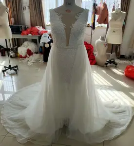 Tùy Chỉnh Thực Hiện Hình Ảnh Đính Cườm Ren 2021 V Cổ Wedding Dresses Với Removable Tulle Váy