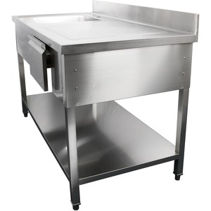 Évier de préparation autoportant pour <span class=keywords><strong>restaurant</strong></span> - Évier simple en acier inoxydable avec égouttoir, tiroir de rangement et étagère pour la restauration hôtelière - Product Image 4