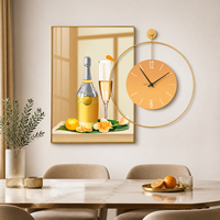 Horloge murale en verre cristal, ronde, analogique, avec des motifs abstraits de paysages et de boissons, pour la décoration du salon et de la salle à manger