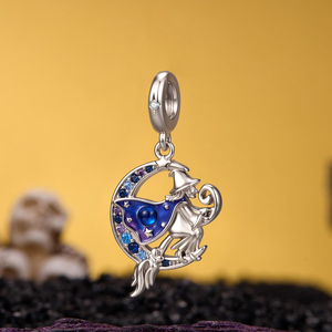 Silver Plated <b>Witch</b> Flying on Broom Charm with Blue Enamel and Zircon Stones Cartoon Pendant Unisex <b>Gift</b> Jewelry - Product Image 2
