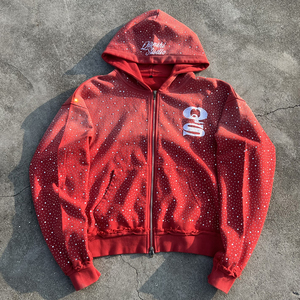 Custom Graphic Cotton Jacket Hoodie Manufacturer Designer Oversized Distressed Acid Washed Zip up Hoodie Rhinestone Hoodie <b>Men</b> - Product Image 3