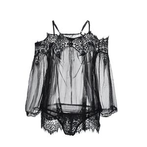 Ensemble de chemise de nuit en dentelle à épaules dénudées, lingerie transparente en maille, manches longues, noir et blanc, 2 pièces, vêtements de nuit doux pour femmes - Product Image 1