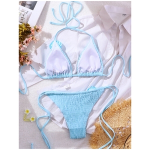 <span class=keywords><strong>Triangle</strong></span> deux couleurs Top Ties Details Basic Smocked Bikini Designer Swimwear Flower Details Maillots de bain - Product Image 4