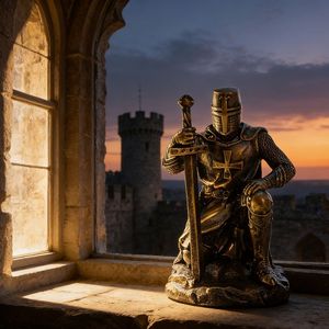 Statuetta di Cavaliere Templare Inginocchiato in Resina Effetto Bronzo Antico, Statua di Guerriero Medievale in Armatura per Decorazione da Scrivania e Regalo - Product Image 3