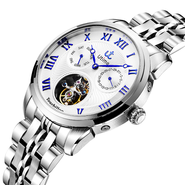 Utime 316L Stainless Steel Mechanical Tourbillon Watch with Pointer Dial Sapphire Crystal Limited Edition Luxury Design for Men