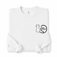 Sweat-shirt à col rond personnalisé avec silhouette de chat brodée, cercle de queue et nom personnalisé, cadeau pour les amoureux des chats et des animaux de compagnie