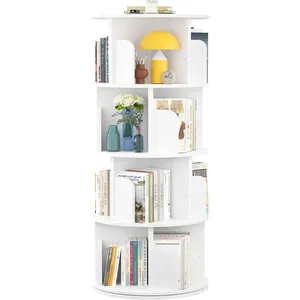 Rotating wood Corner Bookshelf for Small Space 360 Display 4 Tier Floor Standing Bookcase Storage Rack Wood Narrow Book Shelf
